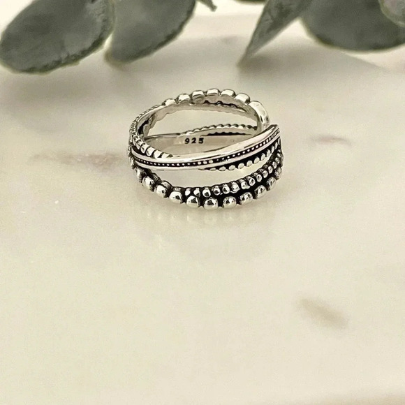 925 Sterling Silver Minimalist Twist Bead Ring Stackable Dainty Ring - Picture 4 of 5